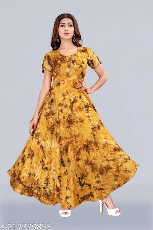 Yellow Shibori rayon anarkali style long kameez