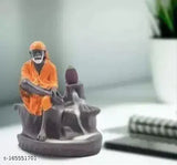 Orange Parth Sai Baba smoke fountain with 30 incense cones, poly resin art piece featuring back-flow waterfall effect