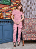 Baby pink cotton heart printed night suit set for women & girls, includes t-shirt and pyjamas with short sleeves