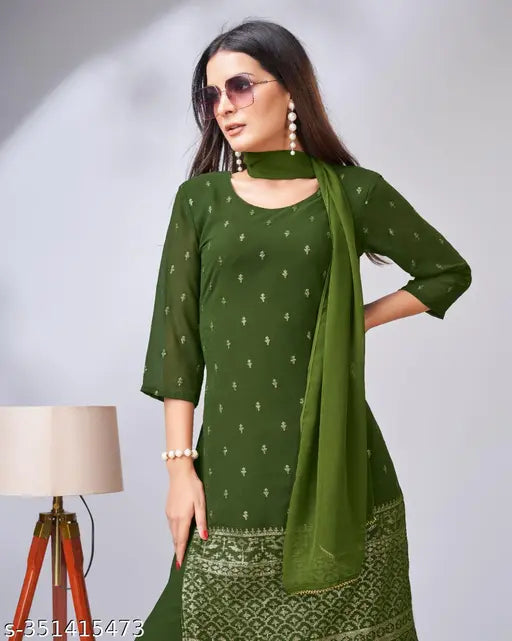 Green Georgette Sharara Tinu Kurta Set with Dupatta and Palazzos - Indian embroidered three-quarter sleeves kurta on display