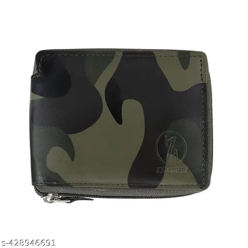 Stylish vegan round zip wallet (Army print), faux leather, 2 compartments, compact size for both men and women
