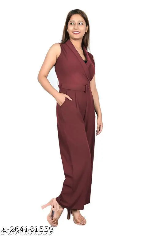 Maroon solid polyester jumpsuit for ladies, sleeveless and stylish, XS to XXXL sizes available, handcrafted Indian product