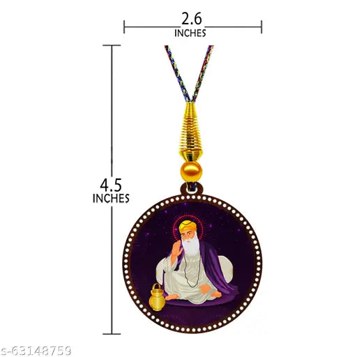 GiftzLane religious idols set: Handcrafted Indian car hanging ornaments, featuring Guru Nanak Dev Ji & Guru Gobind Singh (Set of 2), with prelaminated glossy wooden finish