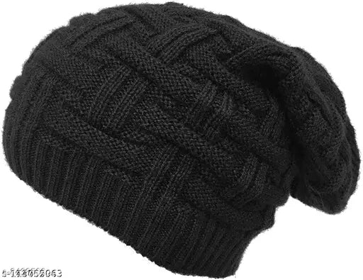 Black knitted beanie, ribbed texture, single size