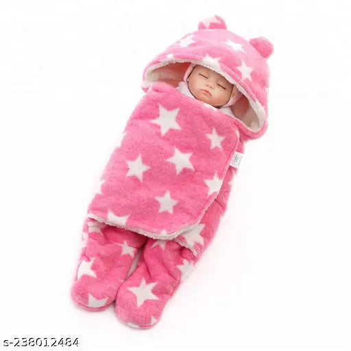 Microfiber newborn hooded baby blanket by Brandonn, ideal for swaddling and snuggling, free size (27in x 28in), made in India
