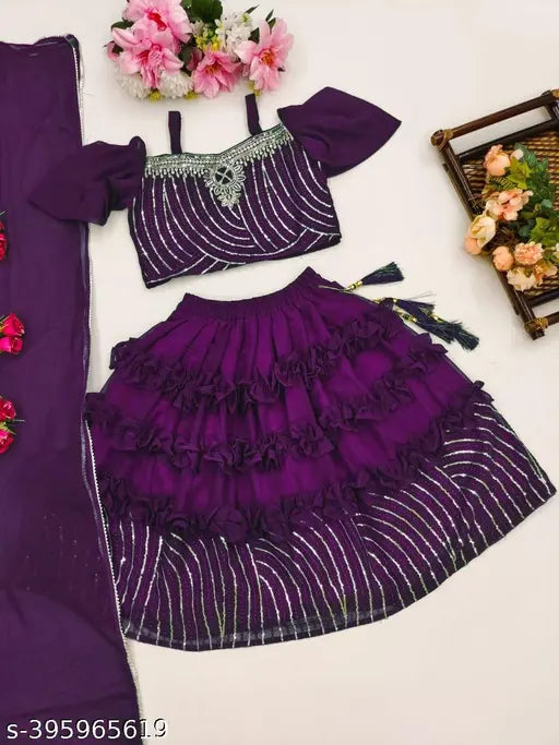 Embellished Georgette baby lehenga choli set, short sleeves, 3-4 years, India