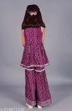 Rayon print girls kurta and sharara set, A-line top with V neck, sleeveless, lace work, suitable for weddings, parties, and festivals