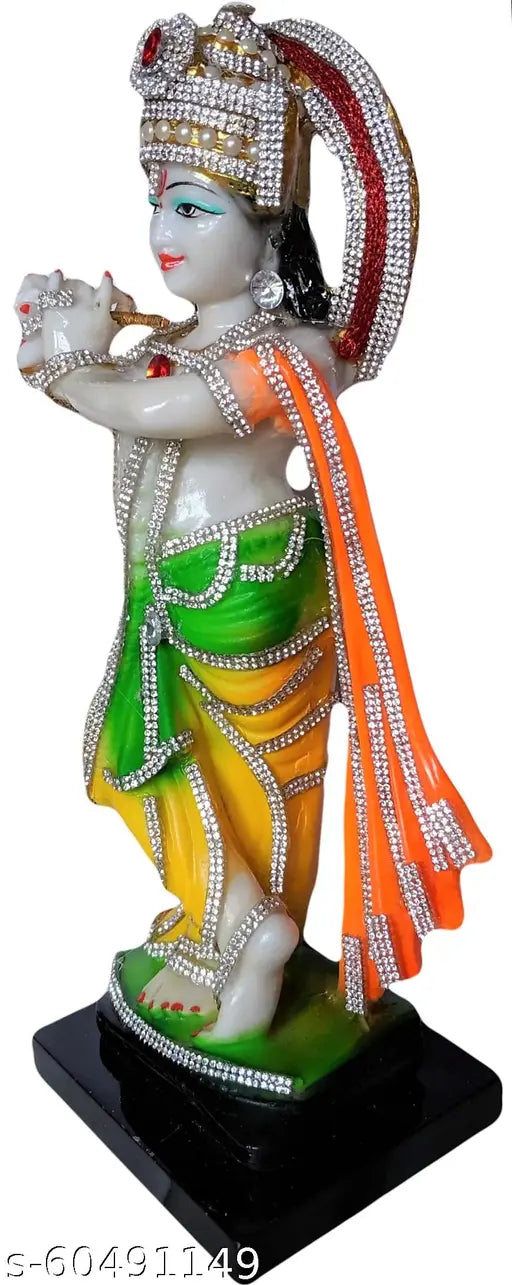 Resin Krishna idol, 11 cm x 31 cm x 10 cm, handcrafted with white marble finish, playing Murli on a wooden log, bright and contrasting multi-colored dress and decorations
