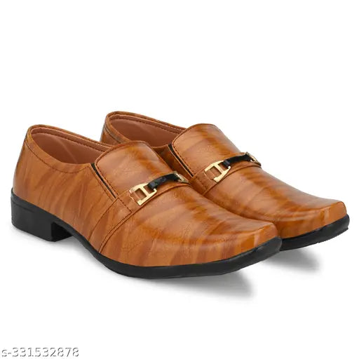 Brown leather men's dress shoes with gold buckle and lace-up front