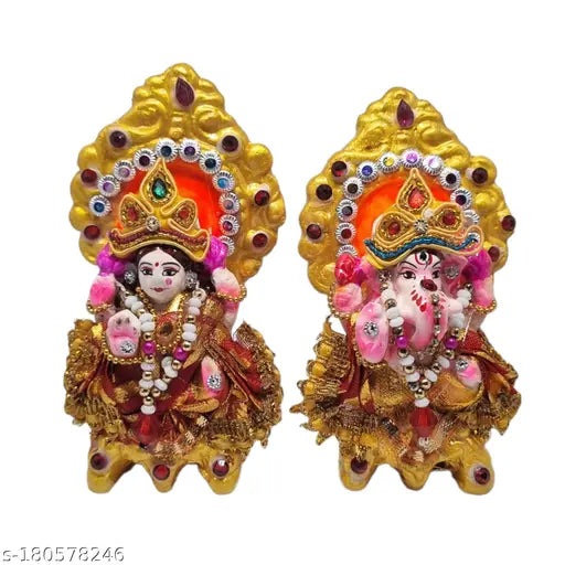 Ceramic Laxmi Ganesh Idol, Indian handcrafted statue of Ganesha and Laxmi