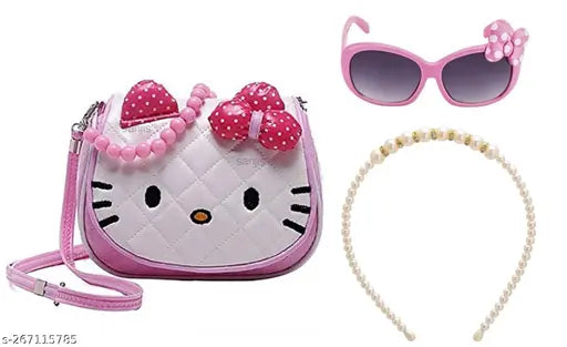 Combo of cartoon crossbody handbag and sunglasses set for girls, kids, or toddlers. NIA CREATIONS mini shoulder bag with phone pocket, matching hairband and 1 sunglasses pack of 3. Pink Hello Kitty purse with multiple pockets