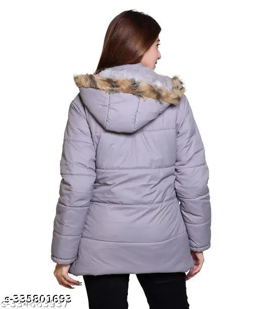 Solid nylon women's jacket with zip closure, long sleeves, solid pattern in multiple sizes (M-XXL), ideal for winter wear from India