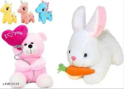 Multicolor unicorn, rabbit, and balloon stuffed animals combo for kids decoration - 5-piece set, India origin, 30cm tall