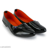 Black Flower & Black Belly Knot Patent Leather Slippers - Spoiltbrat Women's Fashionable Daily Use Office & Party Wear Ballerinas for Ladies & Girls