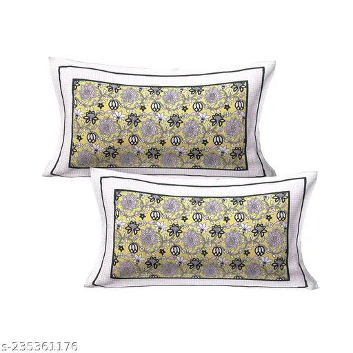Yellow & white cotton bed sheet with 2 zipper pillow covers, super fine quality.