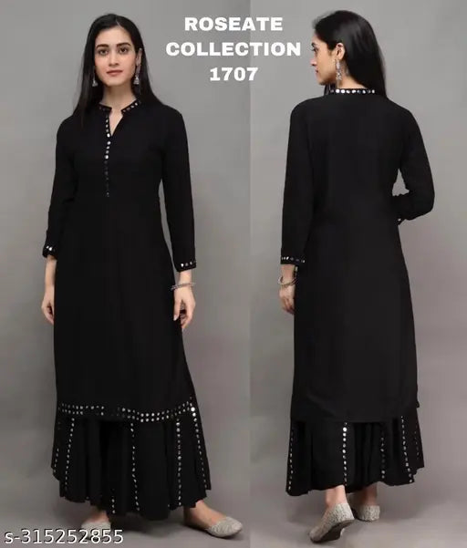 Helwin Viscose Rayon Aari Mirror Work Kurta with Palazzos, highlighted with mirror work and three-quarter sleeves, solid net, single size