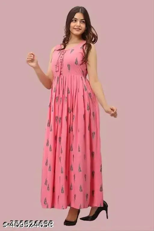 Rayon printed Anarkali long kurti gown, stylish sleeveless for women and girls, India-origin fashion