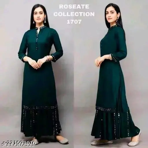 Rayon kurta set with sharara bottoms, three-quarter sleeves in solid patterns. High-quality Indian women's clothing