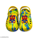 A pair of yellow sandals with a cartoon puppy design, colorful straps, and blue velcro closures