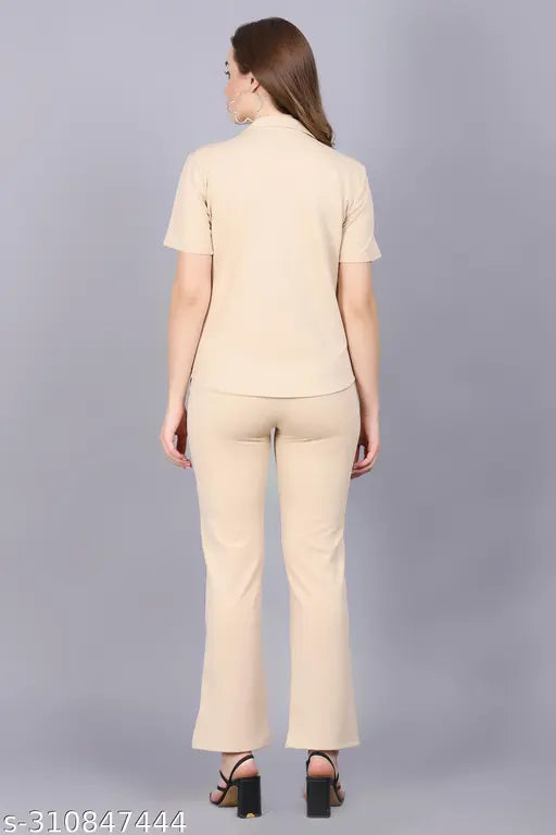 Cream and black Clothink India formal/casual office co-ord set: Short-sleeved notch collar shirt with pant featuring 2 side pockets