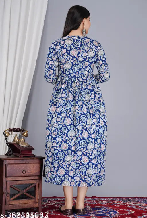 Aishya Women's Formal Blue Patterned Long Kurti with Embroidery