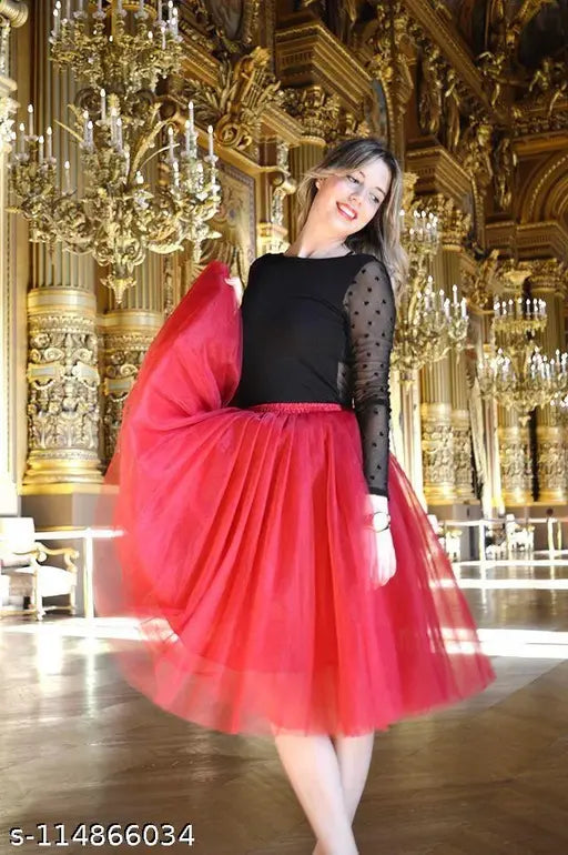 Red tulle western net skirt, solid pattern, ready-to-wear, inner lining, Indian origin