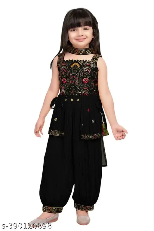Black sequins and multicolor thread work peplum top with dhoti pants and dupatta for girls, Indian ethnic wear embroidered top and set on display