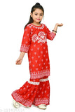 New Festive Collection Rayon Printed A-line Kurta Sharara Set for Girls, three-quarter sleeves, perfect for upcoming festivals