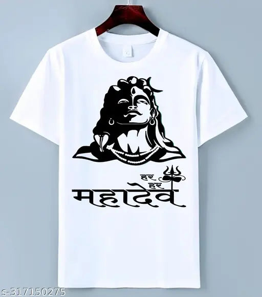 White polyester short sleeves round neck printed Shiv Mahakal T-shirt for boys and men, featuring iconic Shiva design