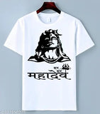 White polyester short sleeves round neck printed Shiv Mahakal T-shirt for boys and men, featuring iconic Shiva design