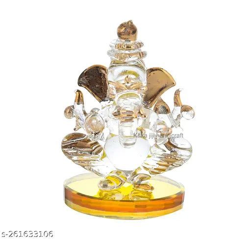 Gold glass Crystal two-faced Ganesha statue, home temple decoration or car dashboard accessory, 7.5cm x 7.5cm x 7.5cm, Indian crafted Ganesh idol