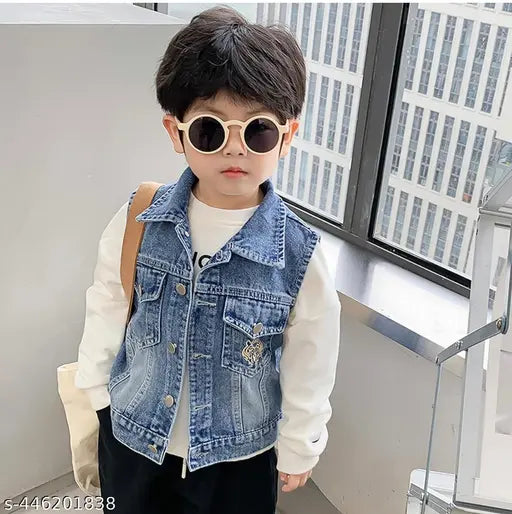 Denim sleeveless blue lion print jacket for boys, aged 3-8 years