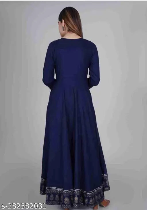 Rayon Anarkali kurti party dress, single-colored with quality tussar print, three-quarter sleeves