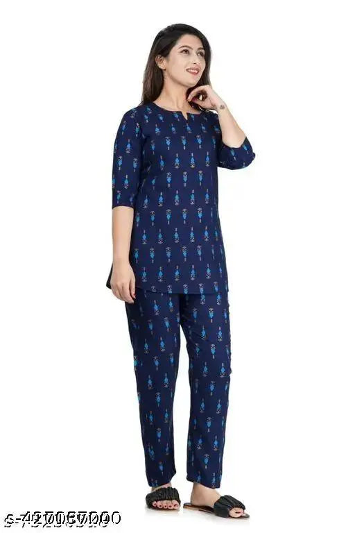 Navy blue floral print rayon loungewear set for women, comfortable and breathable full sleeve pyjama with three-quarter sleeves, machine washable for easy care, available in sizes S to XXXL