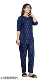 Navy blue floral print rayon loungewear set for women, comfortable and breathable full sleeve pyjama with three-quarter sleeves, machine washable for easy care, available in sizes S to XXXL