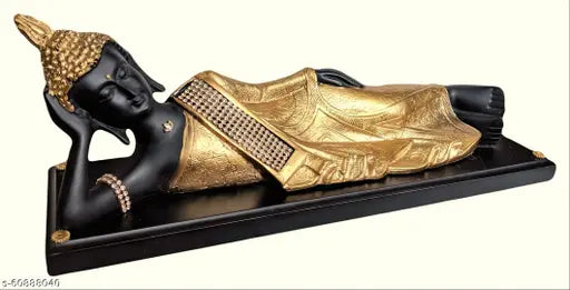 Black resin Sleeping Buddha Statue Showpiece Gift with gold-toned attire. Reclining Nirvana Buddha figure on wooden base, 35cm L x 13cm H x 10cm B