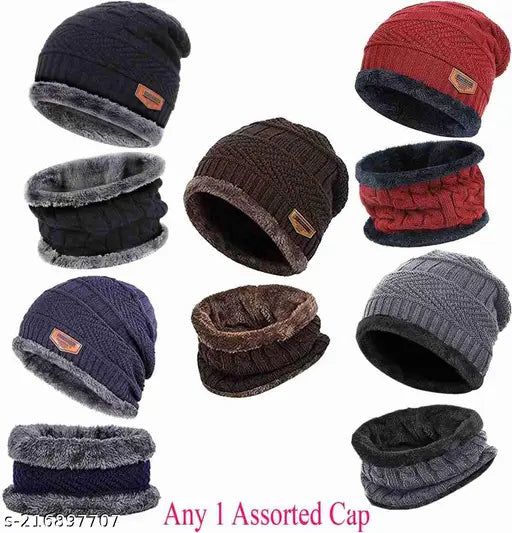 Solid wool muffler cap and gloves set for men and women, perfect for winter in India