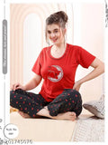 Red (Cherry Red) hosiery cotton printed half-sleeve nightsuit top and pyjama pants set for ladies - comfortable sleepwear with casual and daily use occasions, made in India