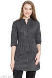 Grey checked cotton tunic top for women, three-quarter sleeves, V-neck, mandarin collar, button front closure - Indian-made casual wear