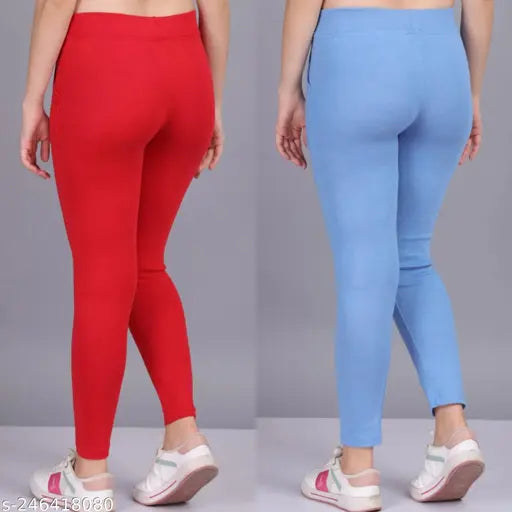 Cotton blend, fashionable women's pocket jeggings pack-of-2. Breathable, soft, stretchy and comfortable fit for casual or outdoor wear. Two sizes available: 26"x40", 30"x40", 32"x40", 36"x40" free size. India origin