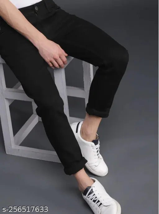 Black cotton jeans by AGATE, solid plain design, comfortable fit for sizes 26, 28, 30, and 32
