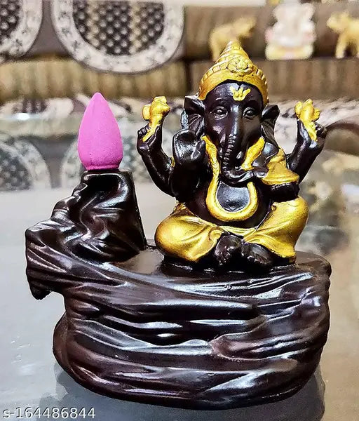 Lord Ganesha decorative showpiece figurine, golden incense holder, 20 scented cones, free backflow scent incense pack, religious idol decoration