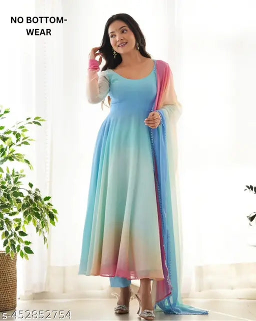Georgette embroidered net gown with pastel ombré effect, full-length sleeves, round neckline, draped dupatta, and silver embellished high heels, Indian formal wear
