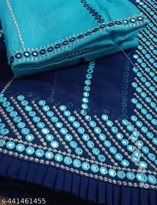 Navy and blue sare with sequin detailing and a ruffled pallu