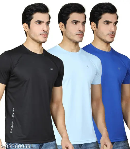 Multicolor Lycra active t-shirts pack of 3 for men, solid round design with short sleeves, SUPERSQUAD brand, India origin