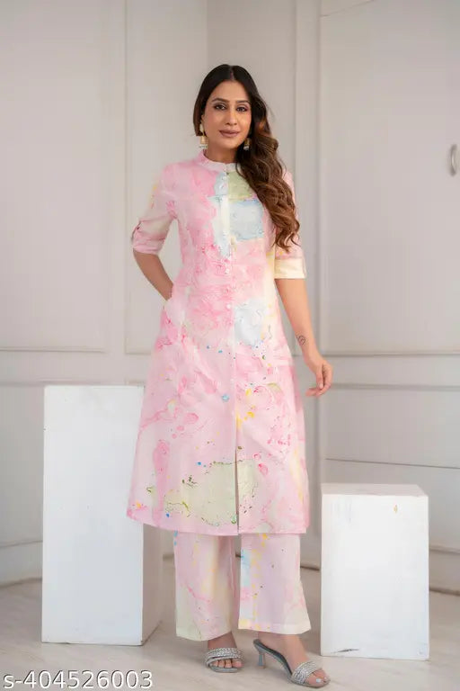 Women's cotton co-ord set, three-quarter sleeve kurta with palazzos, dyed/washed net print, office wear, India origin