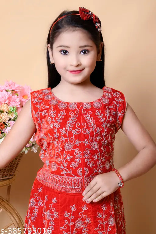 Velvet embroidered lehenga and net dupatta for girls, self-design unstitched set, various sizes from 3-4 to 15-16 years, Indian origin