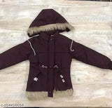 Maroon hooded coat with fur trim and pockets