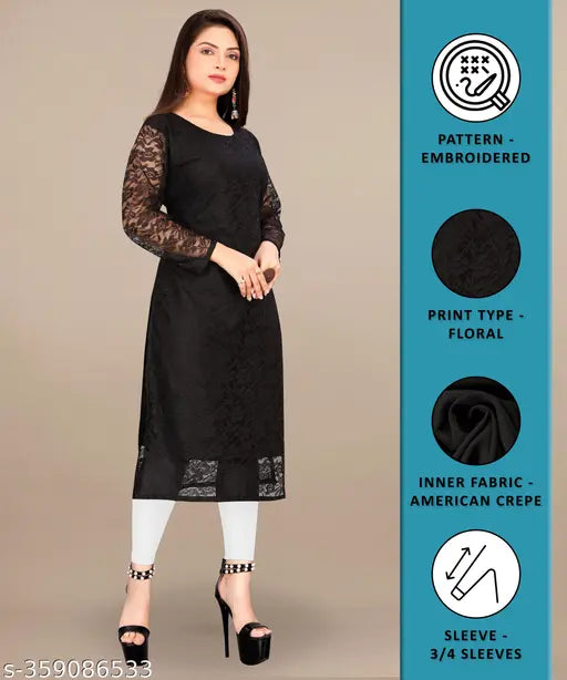 Net embroidered kurta, three-quarter sleeves, Indian traditional wear