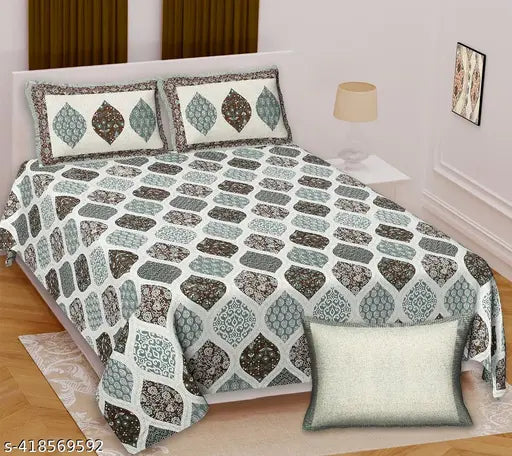 100% Cotton Jaipuri Printed Bed Sheet Set - Double King Size, Grey & White, 2 Pillowcases